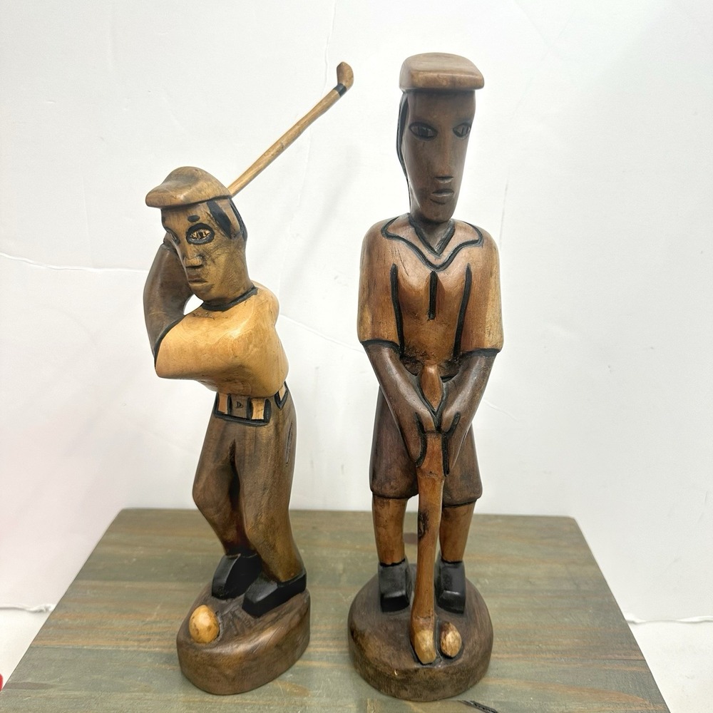 Set 2 Detailed Single Piece Wood Hand Carved Golfer w Club Folk Art Golf Statue